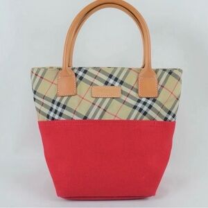 Burberry Red Canvas and Vintage Check Tote with Tan Leather Handles